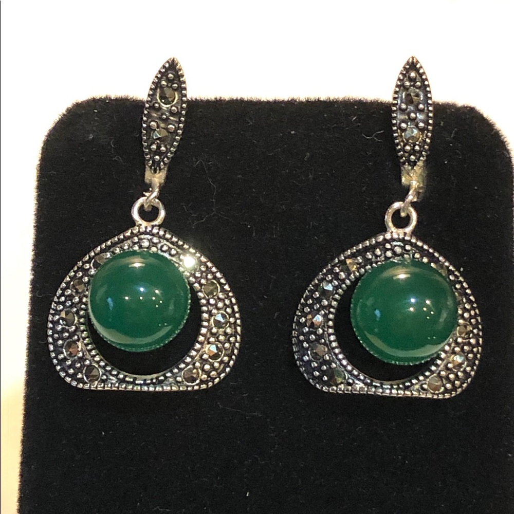 Jade & Marcasite 925 Silver Earrings - Picture 1 of 5